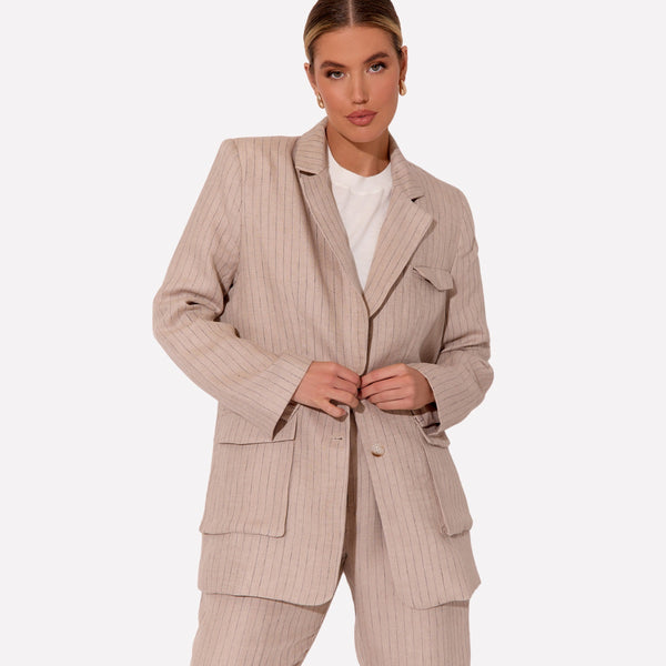 Donna Pinstripe Blazer in a natural colour with fine navy pinstripes
