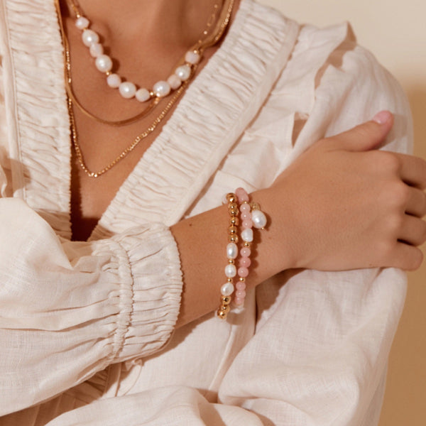 Freshwater Pearl & Bead Bracelet Set in Pink and Gold