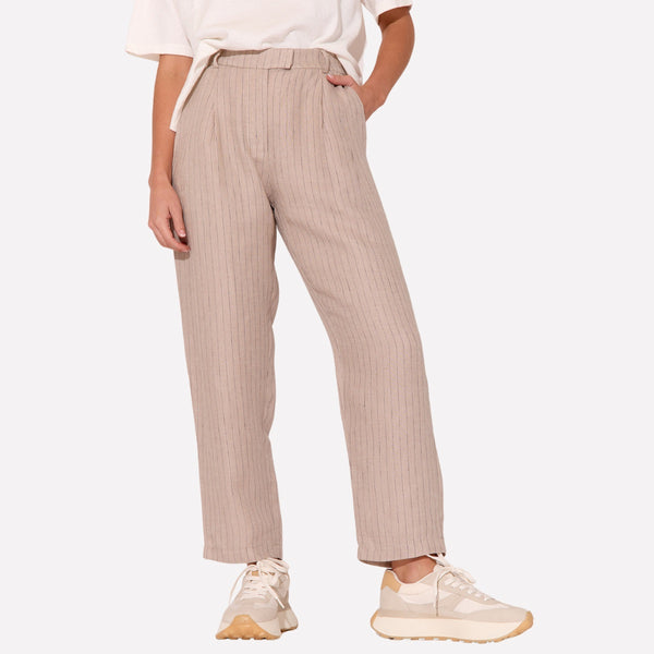 Lulu Pinstripe Pleated Pants in a natural colour with fine black stripes