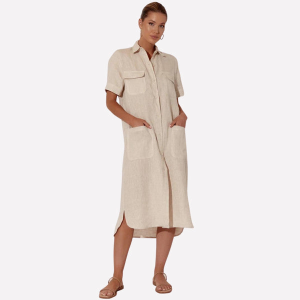 Petrina Linen Shirt Dress in a natural coloured linen fabric