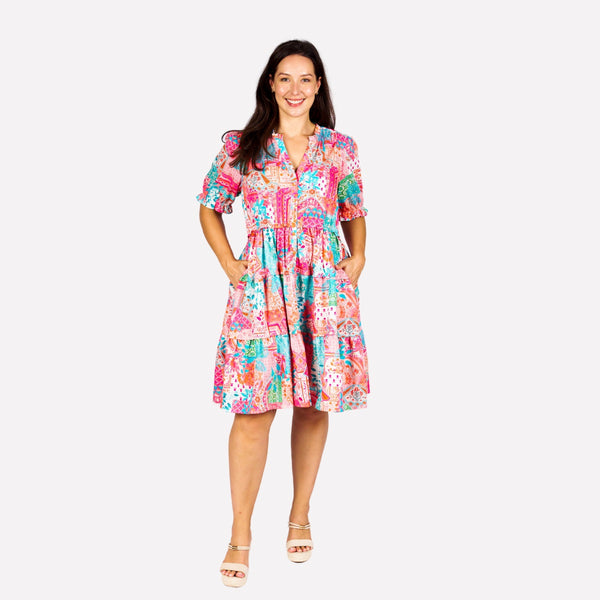 Gertrude Floral Dress with a pink, blue, white and green print