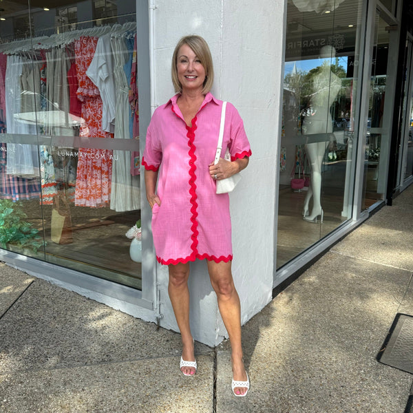 Nikayla Ric Rac Shirt Dress in pink and red