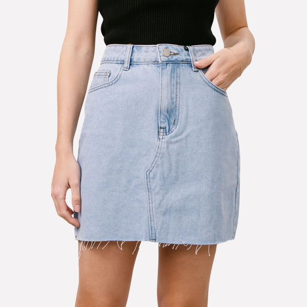 Bristol Denim Skirt, mini length with a button and zip closure, belt loops and pockets