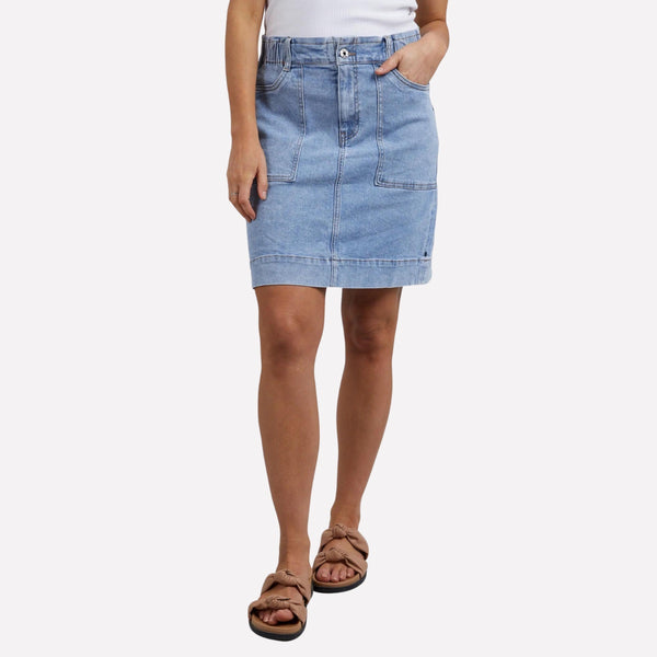 Atlas Denim Skirt by Elm. This skirt is made from a soft denim in a light blue wash