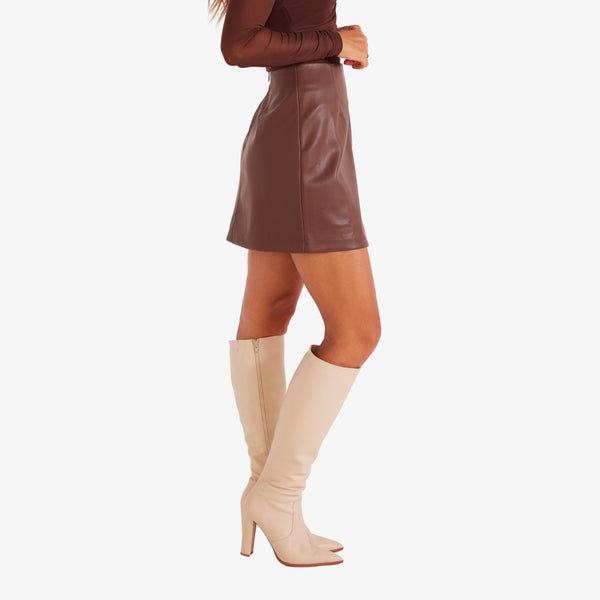 Side view of our Lani Skirt in a chocolate coloured vegan leather