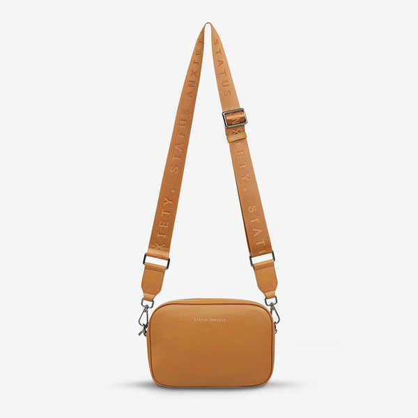 Status Anxiety Plunder Leather Crossbody Bag Webbed Strap (Tan)