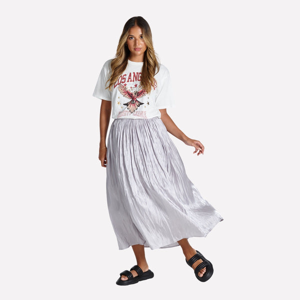 Our Callie Skirt can be worn with the Cali Eagle Tee in white