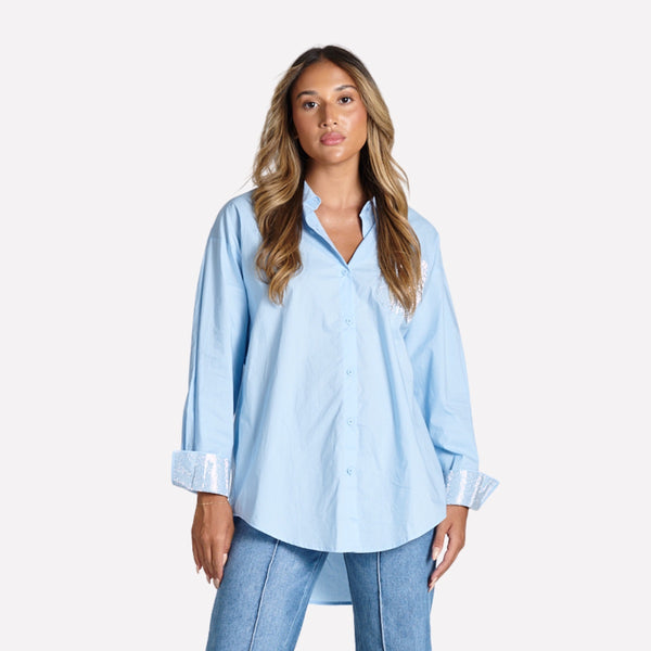 Chloe Diamante Shirt in a powdery blue cotton fabric