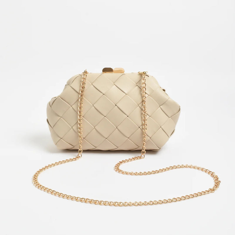 This clutch also has a detachable gold chain shoulder strap.