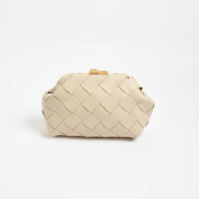 Woven vegan leather in cream, with gold clasp closure.