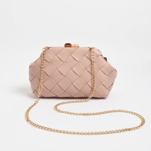 This vegan leather clutch has a detachable gold chain shoulder strap and gold clasp closure.