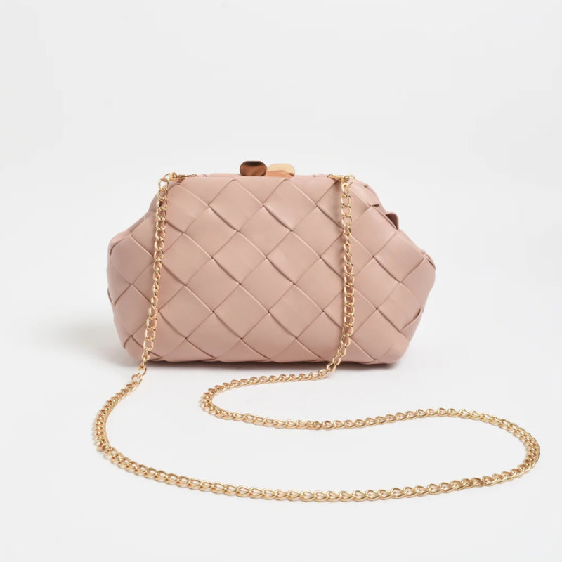 This vegan leather clutch has a detachable gold chain shoulder strap and gold clasp closure.