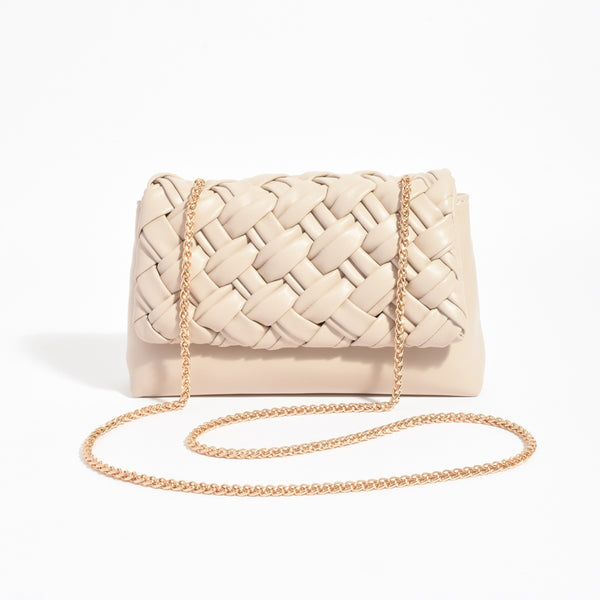 Anya Weave Foldover Bag in a Stone colour. This bag has a gold chain strap that can be shortened/doubled as a shoulder bag.