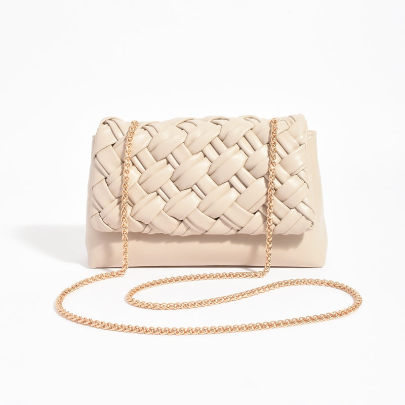 Anya Weave Foldover Bag in a Stone colour. This bag has a gold chain strap that can be shortened/doubled as a shoulder bag.