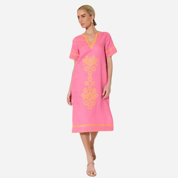 Archer Applique Linen Dress (Pink/Orange)