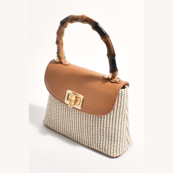 Arianna Woven Bamboo Handle Mini Bag in Tan