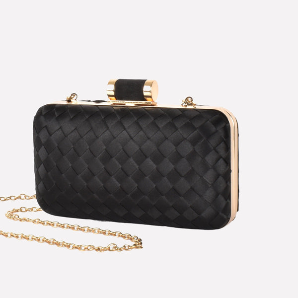 Aurelia Satin Plait Structured Clutch (Black)