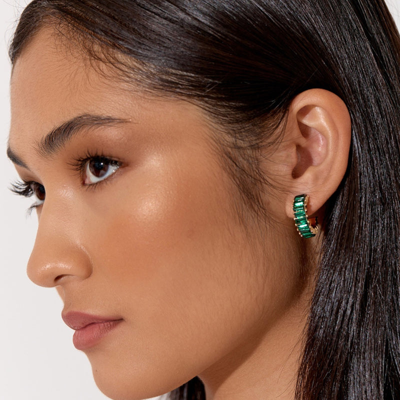 Baguette Jewel Mini Hoop Earrings in Green