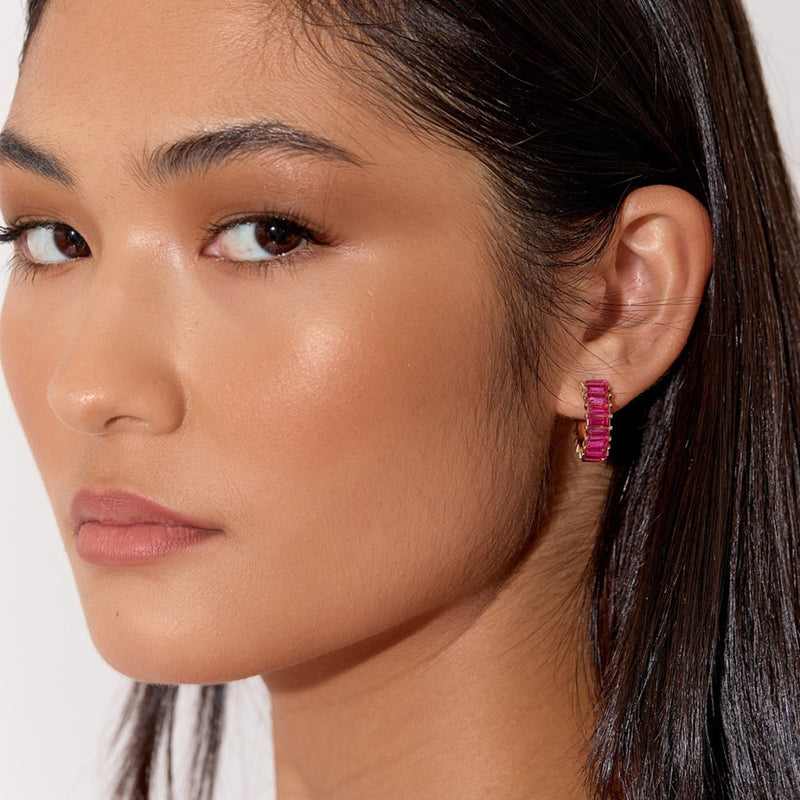 Baguette Jewel Mini Hoop Earrings in a hot pink colour