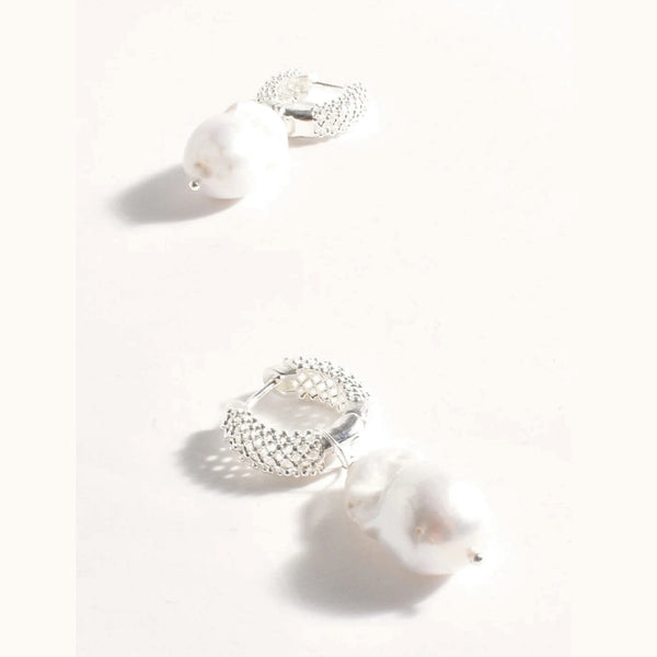 Baroque Pearl Patterned Hoop Earrings in silver