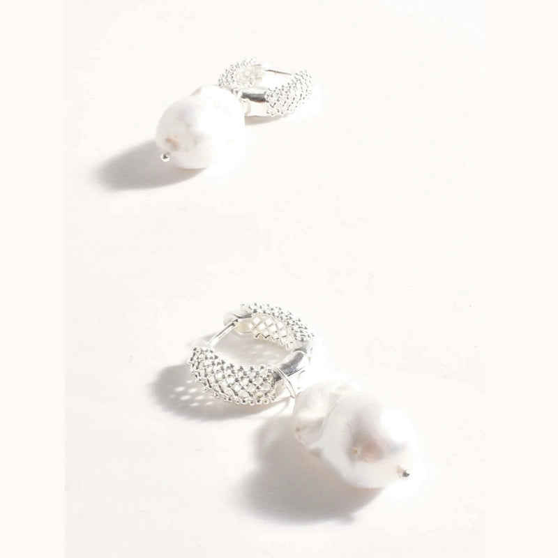 Baroque Pearl Patterned Hoop Earrings in silver