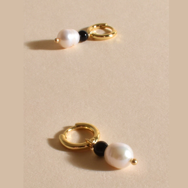 Black Bead Detail & Pearl Mini Huggie Earrings in Gold