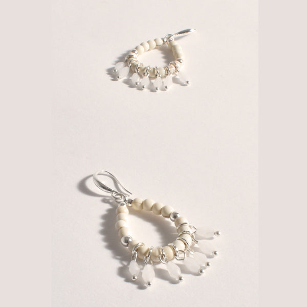 Beaded Drop Earrings with white beads and silver details