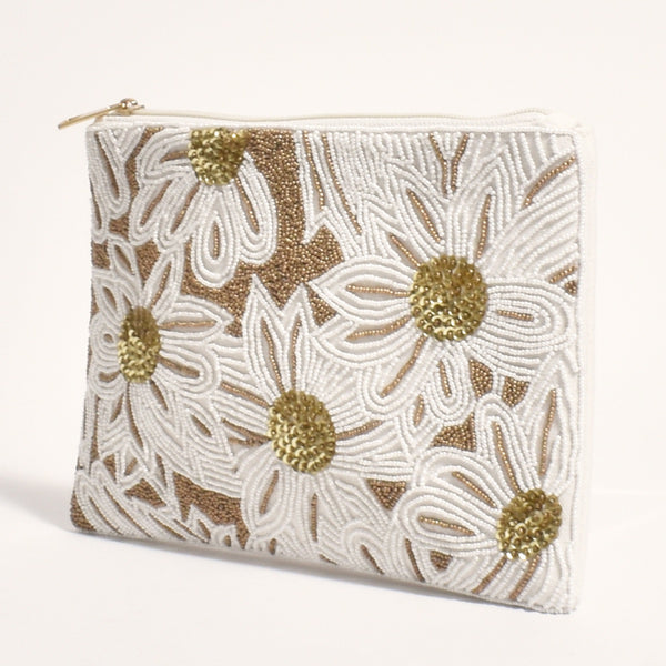 Beaded Floral Zip Clutch with Gold and White Beads