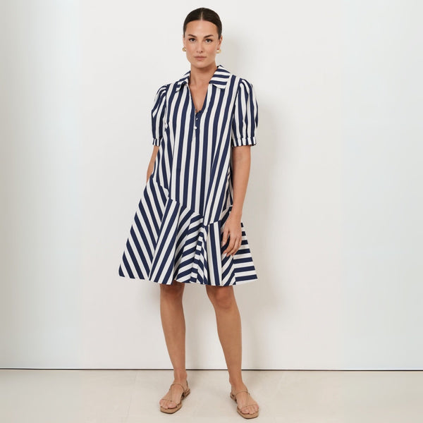 Bee Asymmetric Hem Dress (Navy Stripe)