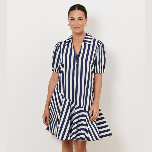 Bee Asymmetric Hem Dress (Navy Stripe)