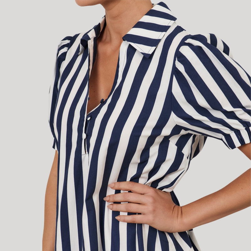 Bee Asymmetric Hem Dress (Navy Stripe)