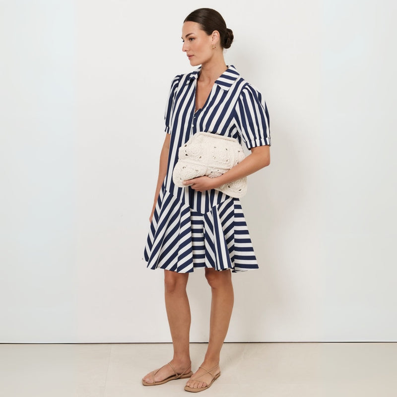 Bee Asymmetric Hem Dress (Navy Stripe)