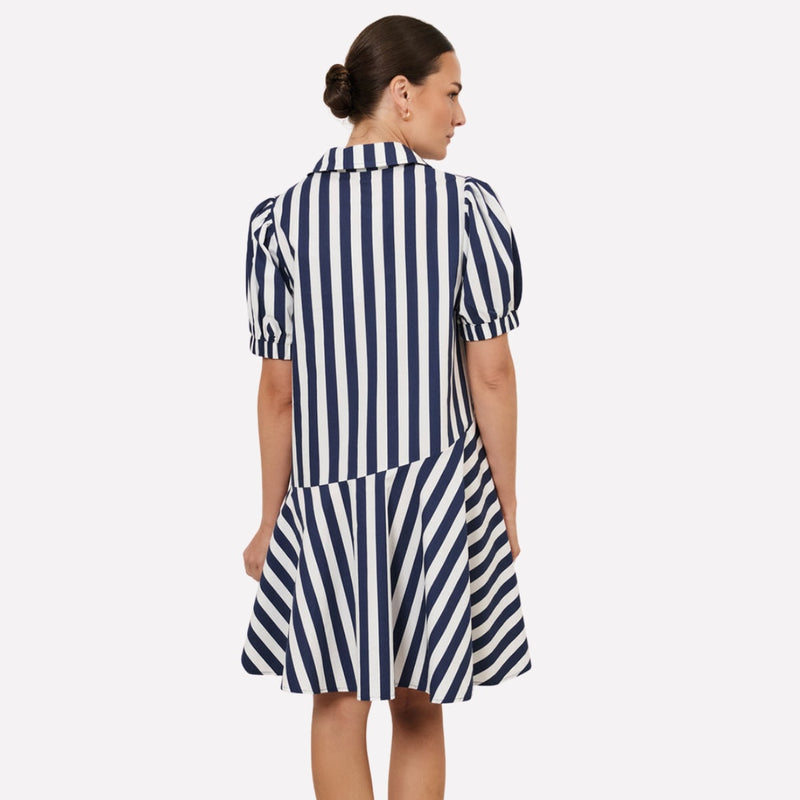 Bee Asymmetric Hem Dress (Navy Stripe)