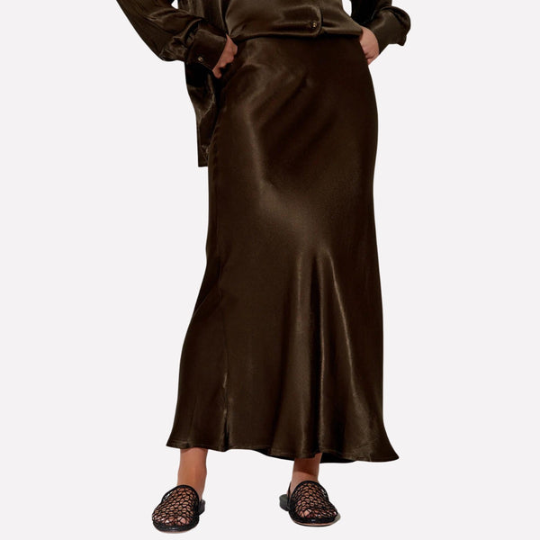 Our Bonnie Satin Skirt has a luxe look in a chocolate-brown colour