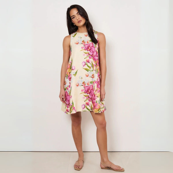 This sleeveless dress has an Aline shape and sits above the knee.