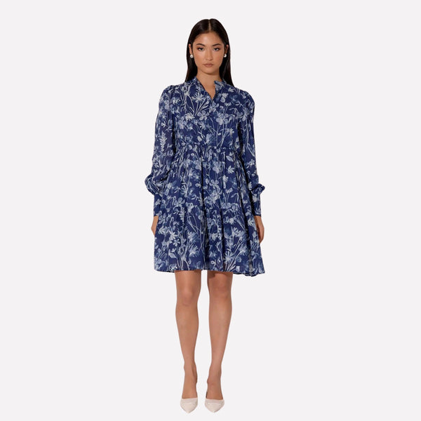 Celeste Floral Dress in a lovely blue floral print. The dress can also be worn loose flowing by removing the self print belt