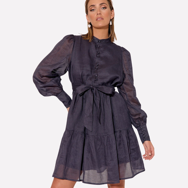 The dress has a mock collar, button bodice, long sleeves with button cuffs and a short tiered skirt