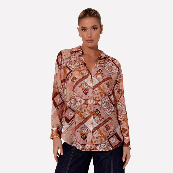 Charlie Patchwork Printed Shirt in pink, muted orange, white and chocolate tones