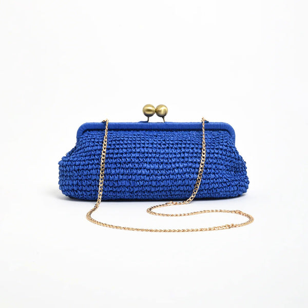 This large blue clutch has a detachable gold chain shoulder strap.