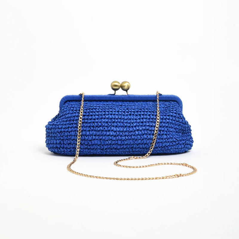 This large blue clutch has a detachable gold chain shoulder strap.