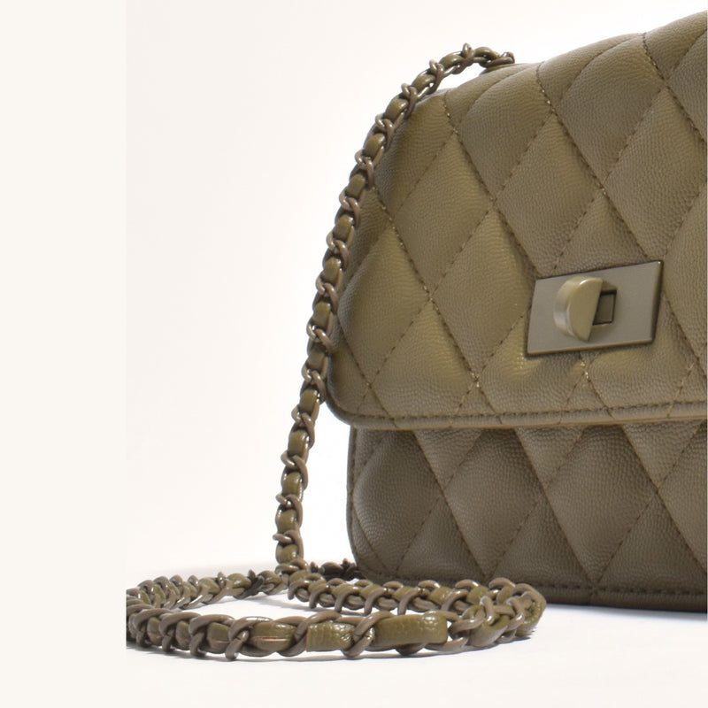 Close up of the bag with a khaki coloured metal chain strap and metal clasp closure