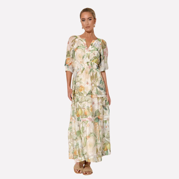 Our gorgeous Eliana Maxi Dress is now available in an exclusive peach and floral print