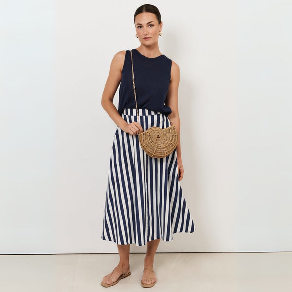 Elsie Aline Midi Skirt (Navy Stripe)