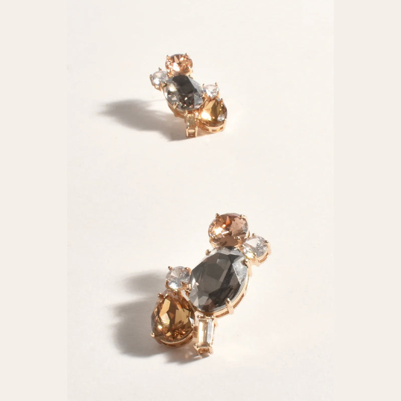 Emmie Jewel Cluster Stud Earrings with champagne coloured jewels, clear crystal jewels and smoke coloured jewels. They have a stud back closure.