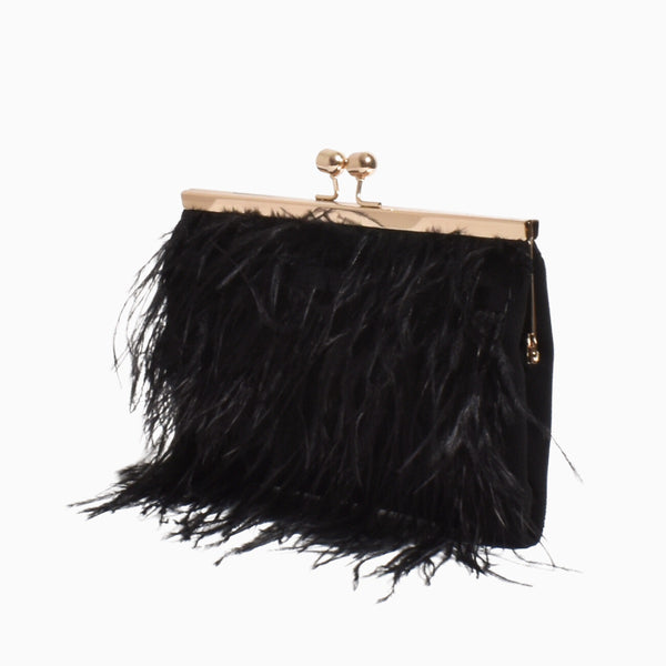 this statement clutch has a feather front in black