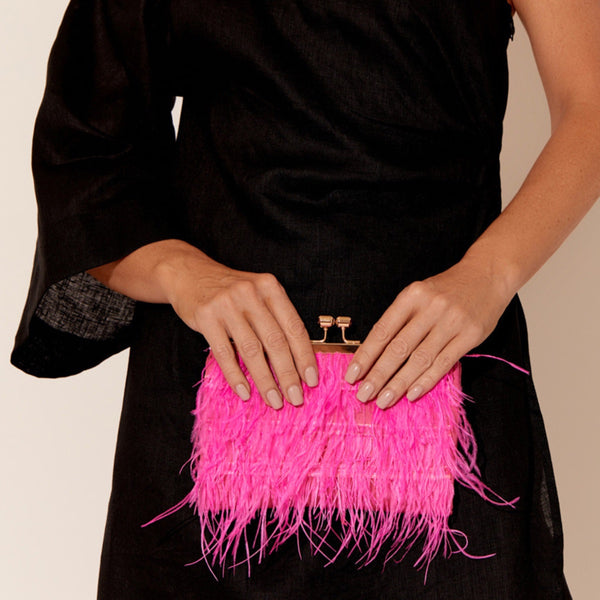 Feather Front Clutch in a hot pink colour