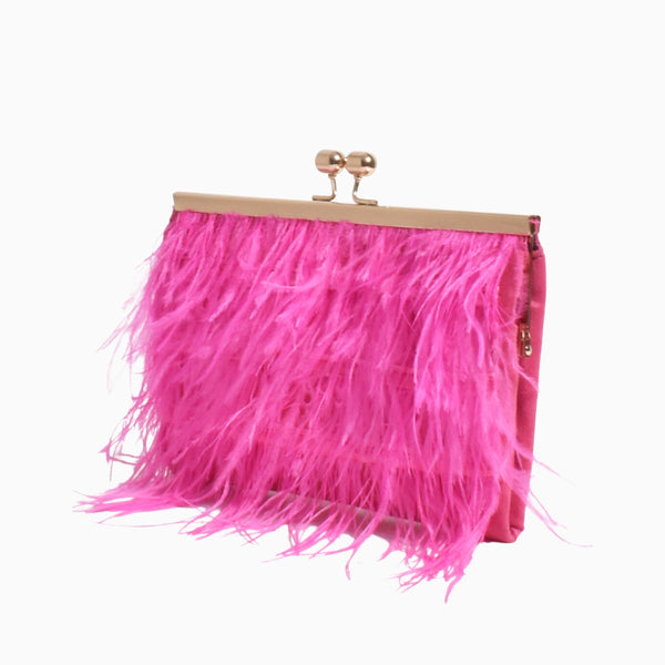 Feather Front Clutch has gold clasps and a detachable gold chain shoulder strap