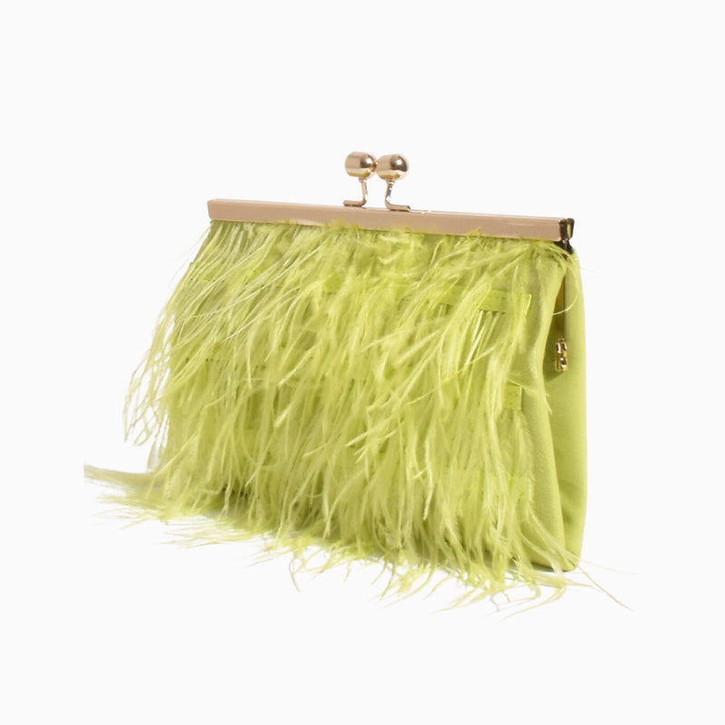 Feather Front Clutch has gold clasps and the bag is a rectangle shape
