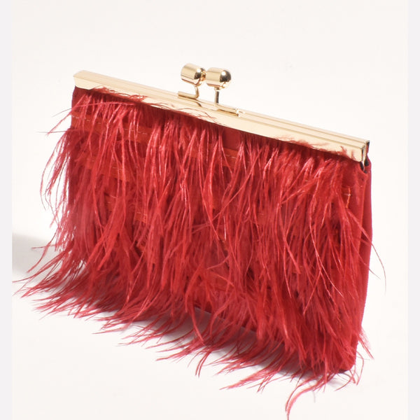 Feather Front Clutch in red with gold clasp closure
