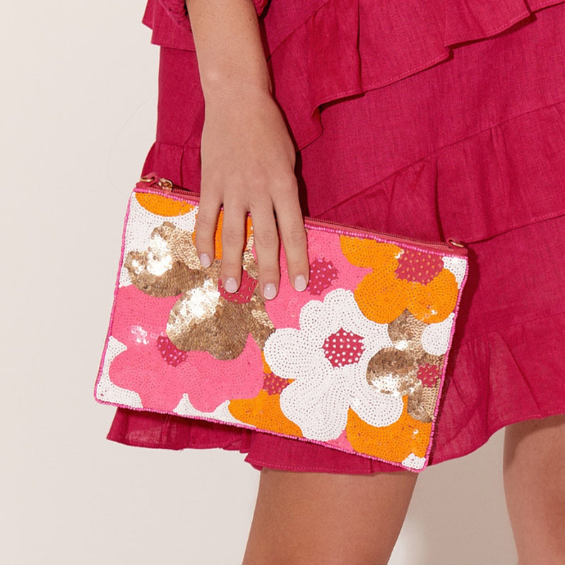 Floral Sequin Zip Clutch with pink, orange and white floral details